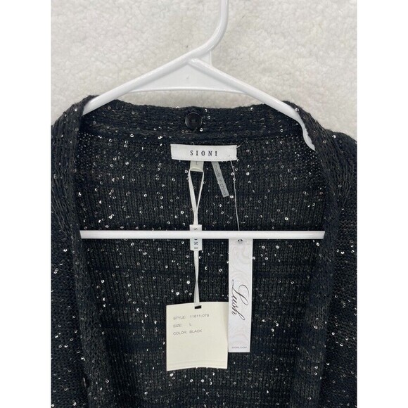 Sioni Sequin Cardigan Women’s Size L Long Sleeve Open Front Black Sparkle NWT - Picture 3 of 9